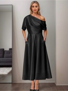 Elegant One-Shoulder Black Satin Midi Dress